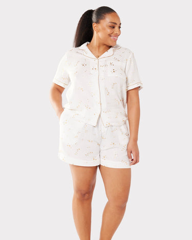 Curve Cotton White & Gold Foil Moon & Star Print Revere Collar Button Up Short Pyjama Set